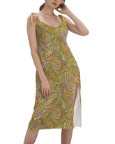 vibrant green and pink paisley printed midi dress with spaghetti straps and a thigh-high slit.